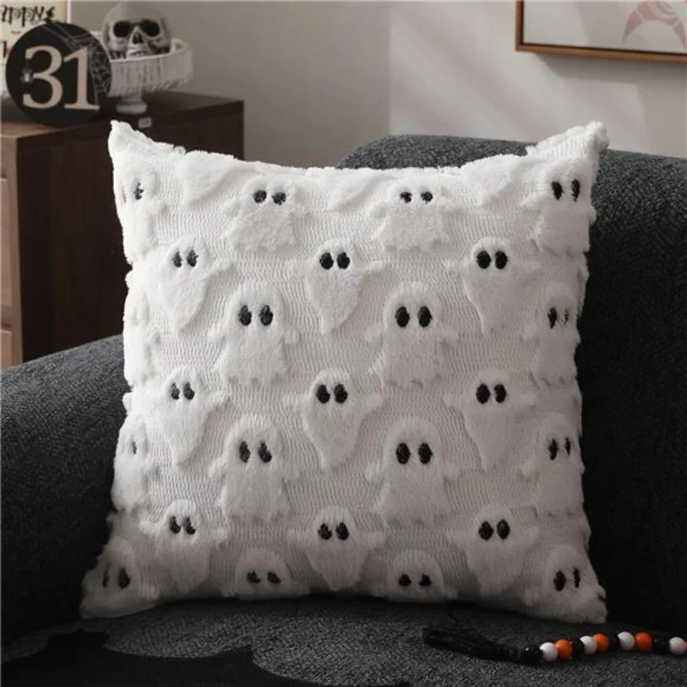 Set of 2 Halloween Ghost Pillow Covers - 18x18 Inch Soft Plush‎ Faux Fur Cushion